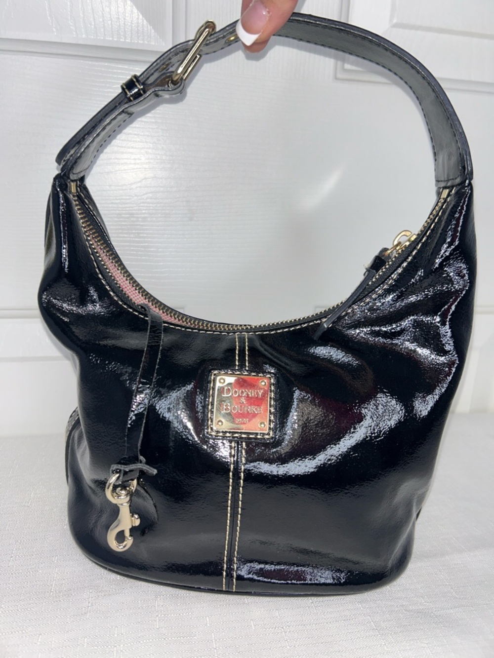 Dooney & Bourke Black Patent Leather Mini Hobo Handbag with Gold Hardware
